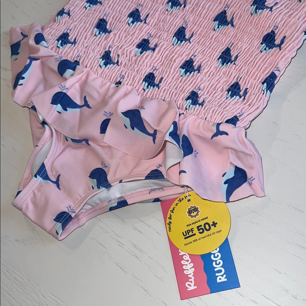Rufflebutts Pink Whale Ruched One Piece Swimsuit 4T - Picture 3 of 5